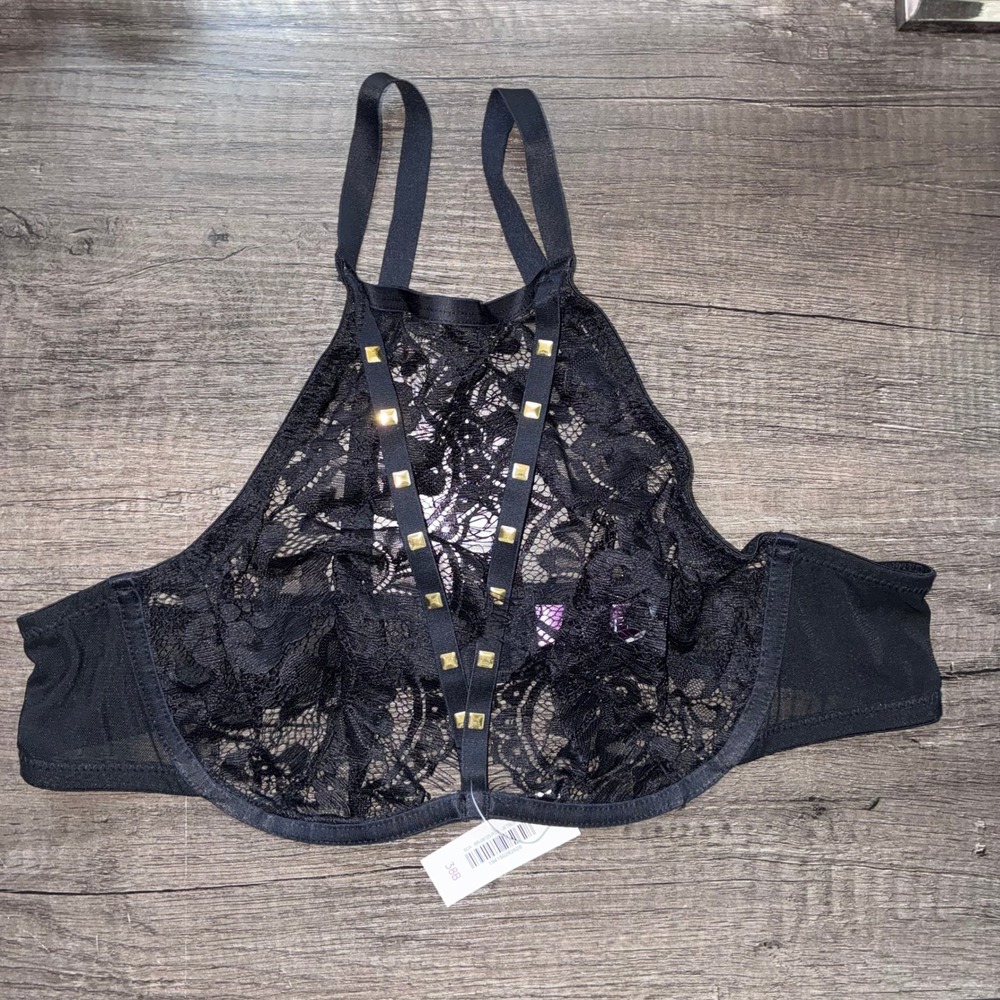 Adore Me Emmeline Black Lace Studded Halter Plunge Bra 38B Jet Black NWT - Picture 2 of 6
